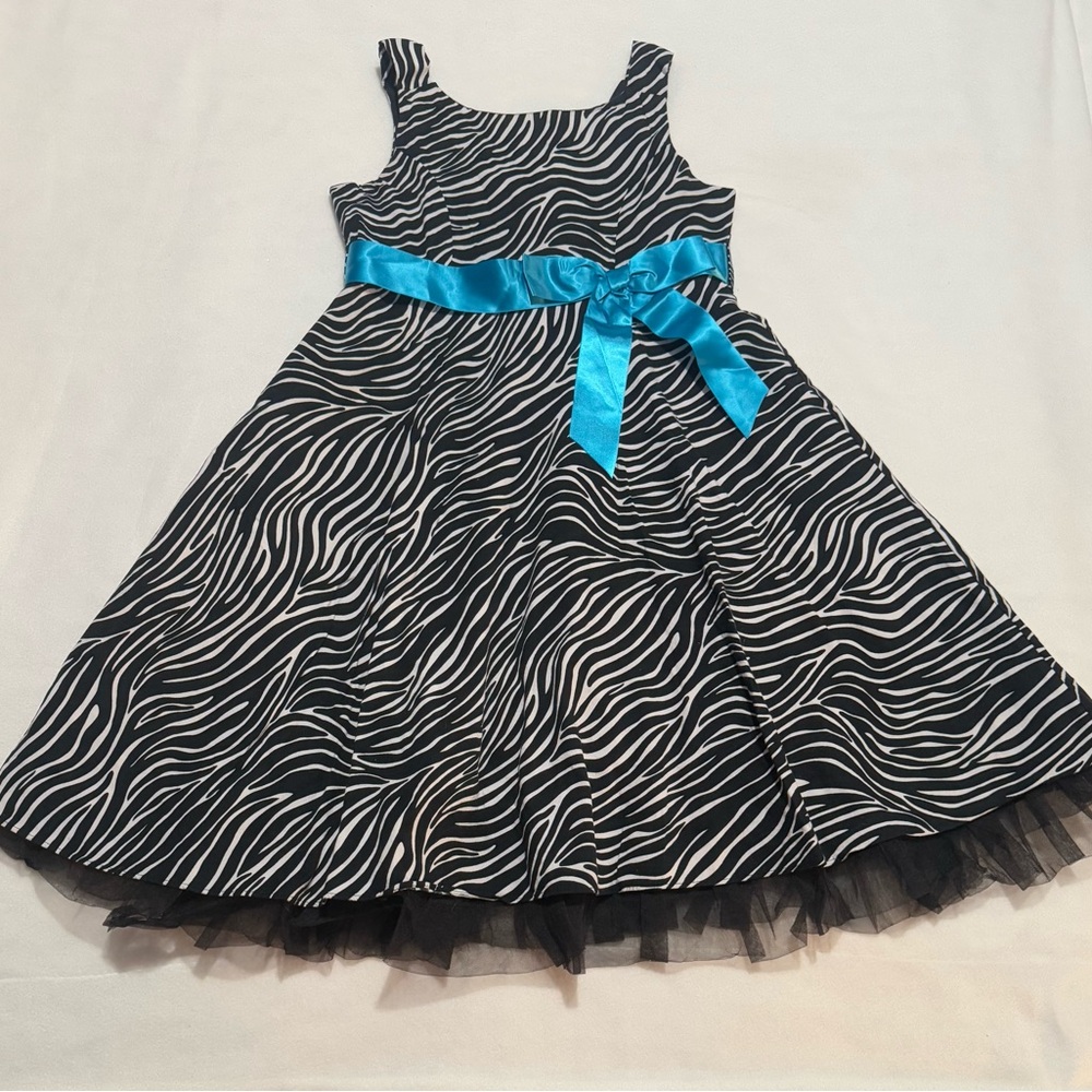 Black/White Zebra Print Sleeveless A line with lining and Blue Ribbon